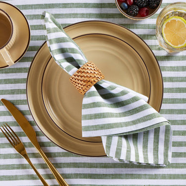 Green & White | Amalfi Stripe Green & White Linen Dinner Napkins Styled On An Elegant Dining Table