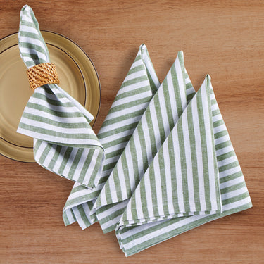 Green & White | Amalfi Stripe Green & White Linen Napkins Soft Linen Dinner Napkins With Modern Table Setting