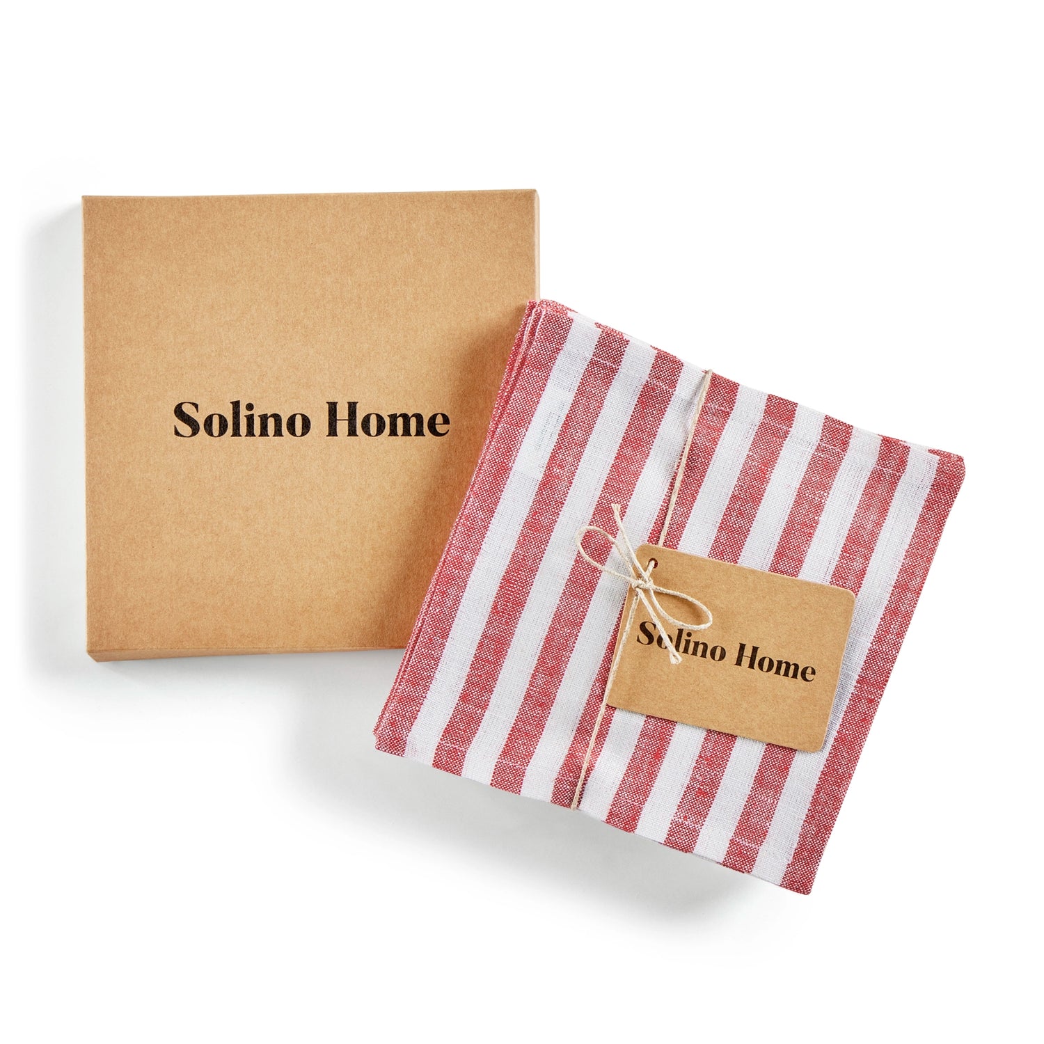Amalfi Stripe Red & White Cocktail Napkin Packing Image With Brown Box With Solino Home Branding