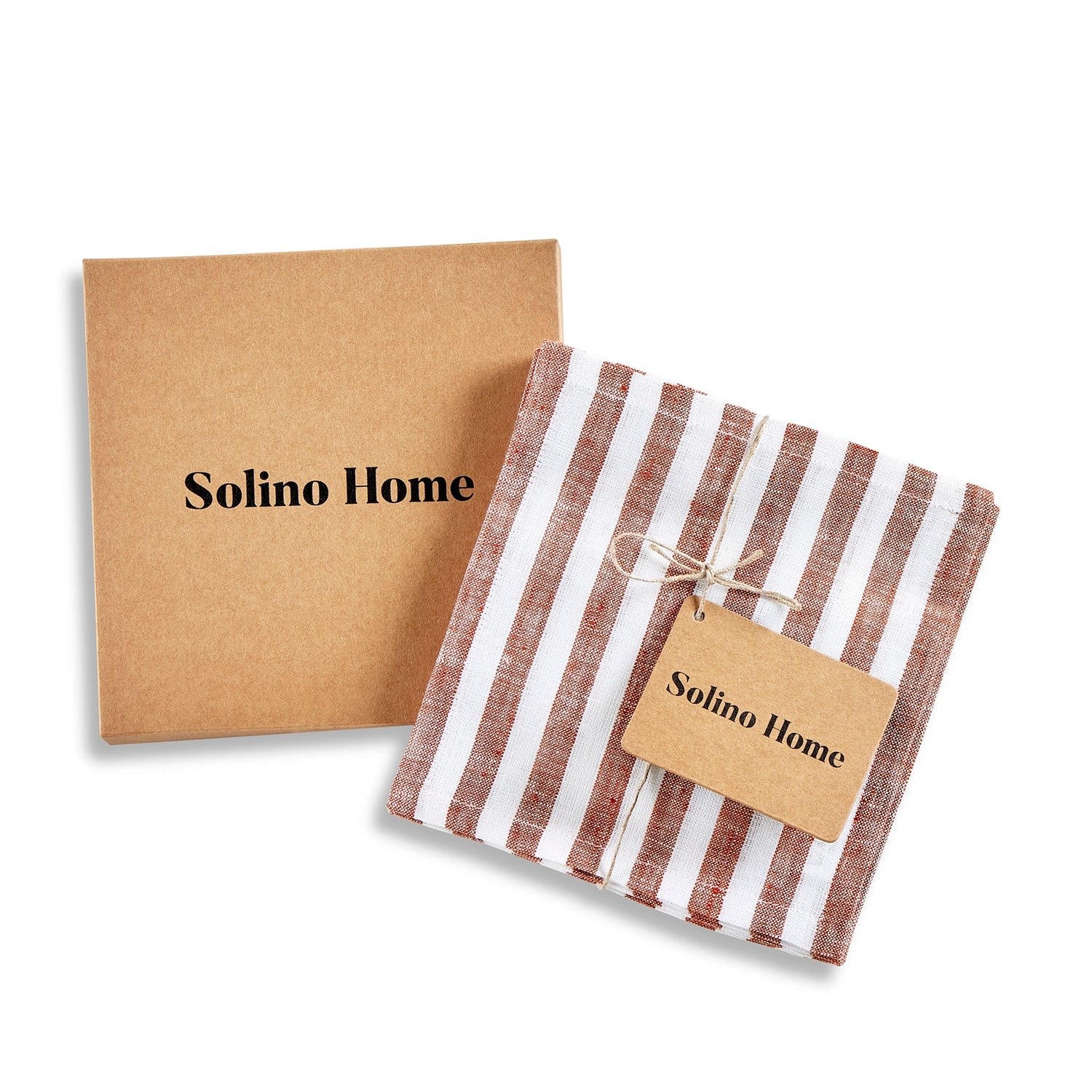 Amalfi Stripe Cinnamon & White Cocktail Napkin Packing Image With Brown Box With Solino Home Branding