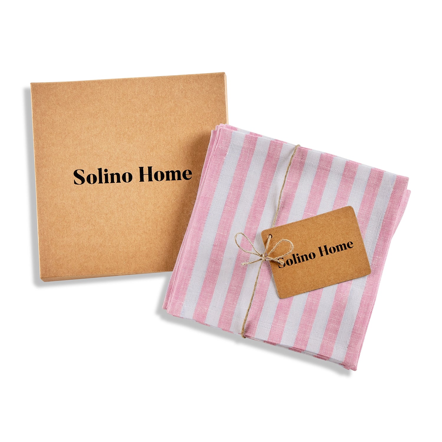 Amalfi Stripe Cherry Blossom & White Cocktail Napkin Packing Image With Brown Box With Solino Home Branding