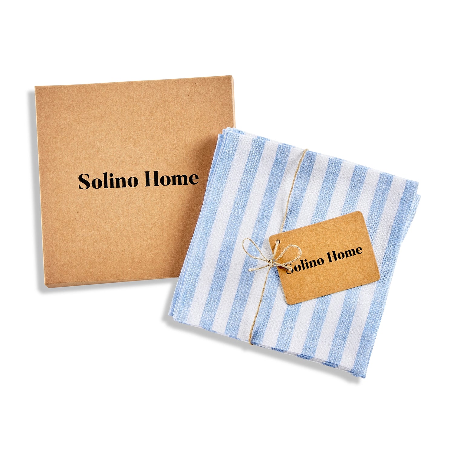 Amalfi Stripe Sky Blue & White Cocktail Napkin Packing Image With Brown Box With Solino Home Branding