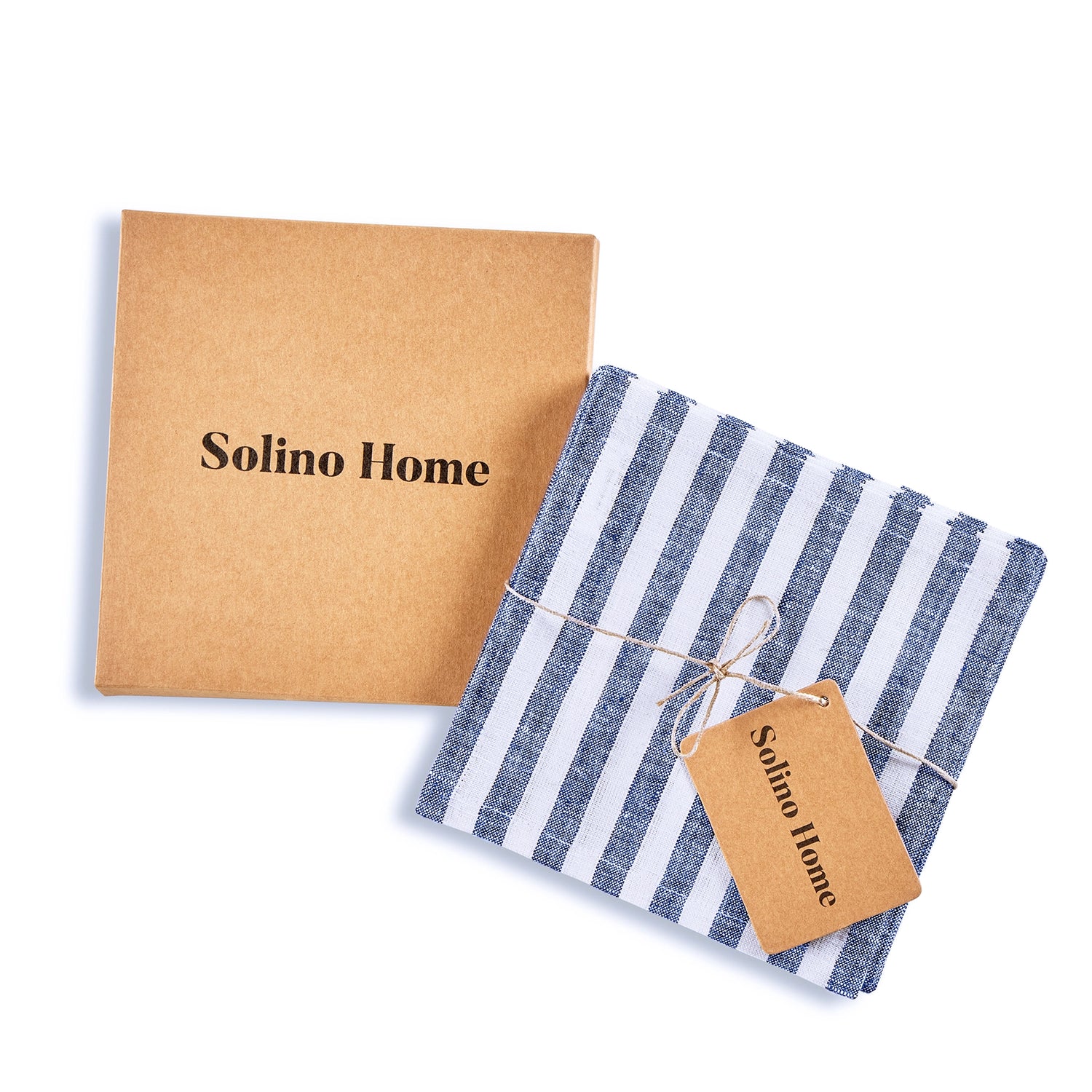 Amalfi Stripe Navy & White Cocktail Napkin Packing Image With Brown Box With Solino Home Branding