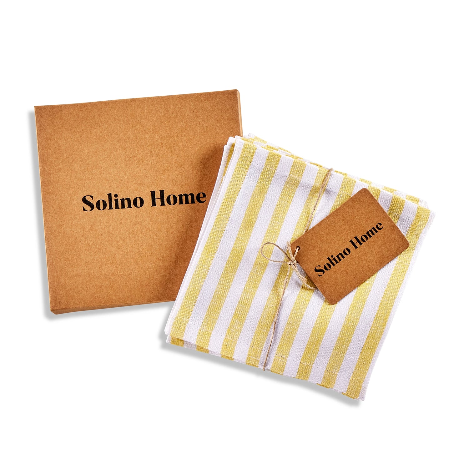 Amalfi Stripe Primrose Yellow & White Cocktail Napkin Packing Image With Brown Box With Solino Home Branding
