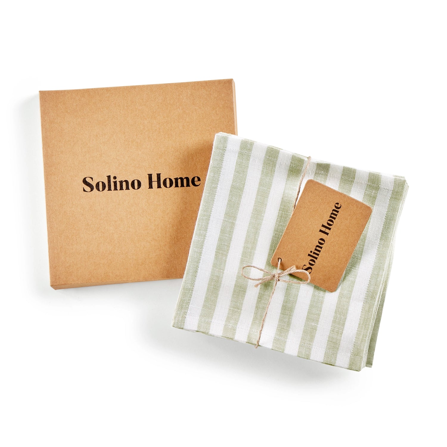 Amalfi Stripe Sage & White Cocktail Napkin Packing Image With Brown Box With Solino Home Branding