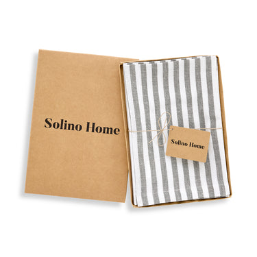 Grey & White | Solino Home Amalfi Stripe Grey & White Linen Dinner Napkin Set In Branded Packaging