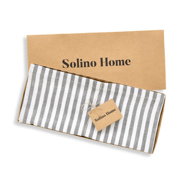 Grey & White | Solino Home Amalfi Stripe Grey & White Round Linen Tablecloth In Branded Packaging