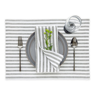 Grey & White | Amalfi Stripe Grey & White Linen Napkins Soft Linen Dinner Napkins With Modern Table Setting