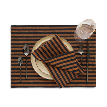 Pumpkin & Black | Amalfi Stripe Elegant Table Setting With Textured Pumpkin & Black Linen Placemat
