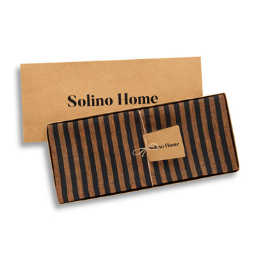 Pumpkin & Black | Solino Home Amalfi Stripe Pumpkin & Black Round Linen Tablecloth In Branded Packaging