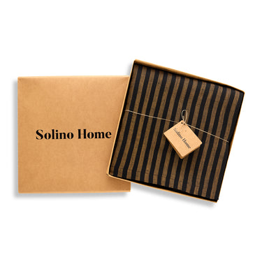 Brown Sugar & Black | Solino Home Amalfi Stripe Brown Sugar & Black Tablecloth Linen Tablecloth In Branded Packaging