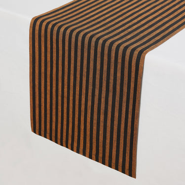 Pumpkin & Black | Solino Home Amalfi Stripe Pumpkin & Black Elegant Dining Setup With Textured Linen Table Runner