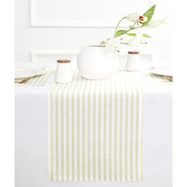 Sage & White | Solino Home Amalfi Stripe Sage & White Linen Table Runner Displayed Flat For Product View