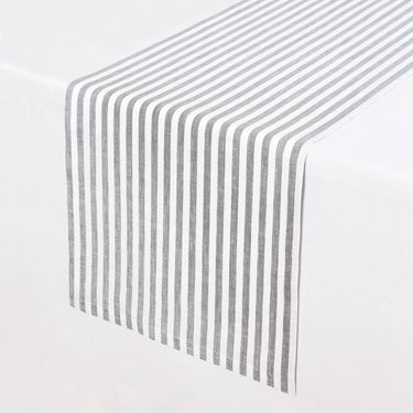 Grey & White | Solino Home Amalfi Stripe Grey & White Elegant Dining Setup With Textured Linen Table Runner