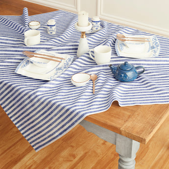 Navy & White | Amalfi Stripe Navy & White Linen Table Throw Displayed Flat Table For Product View