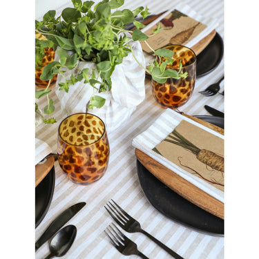 Natural & White | Amalfi Stripe Natural & White Tablecloth Elegant Dining Setup Featuring A Soft Linen Tablecloth