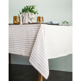 Natural & White | Amalfi Stripe Natural & White Tablecloth Textured Linen Tablecloth Styled With Dinnerware And Candles