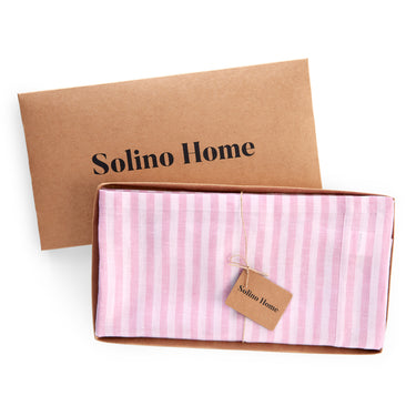 Cherry Blossom & White | Solino Home Amalfi Stripe Cherry Blossom & White Tablecloth Linen Tablecloth In Branded Packaging
