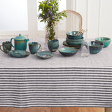 Black & White | Amalfi Stripe Black & White Tablecloth Textured Linen Tablecloth Styled With Dinnerware And Candles