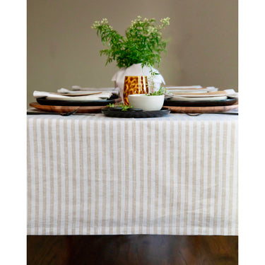 Natural & White | Amalfi Stripe Natural & White Tablecloth Neutral Linen Tablecloth With Farmhouse Table Décor