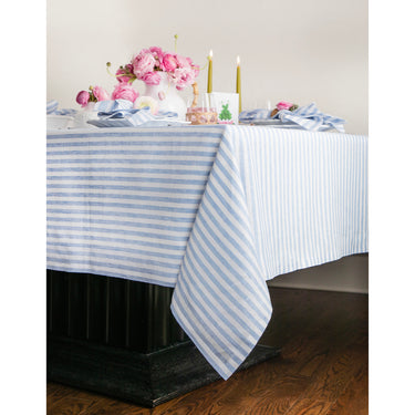Sky Blue & White | Amalfi Stripe Sky Blue & White Tablecloth Textured Linen Tablecloth Styled With Dinnerware And Candles