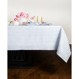 Sky Blue & White | Amalfi Stripe Sky Blue & White Linen Tablecloth Displayed Flat For Product View