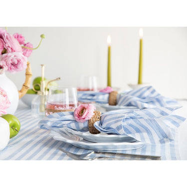 Sky Blue & White | Amalfi Stripe Sky Blue & White Linen Dinner Napkins Styled On An Elegant Dining Table