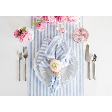 Sky Blue & White | Amalfi Stripe Elegant Dinner Table Featuring Sky Blue & White Linen Napkins And Tableware