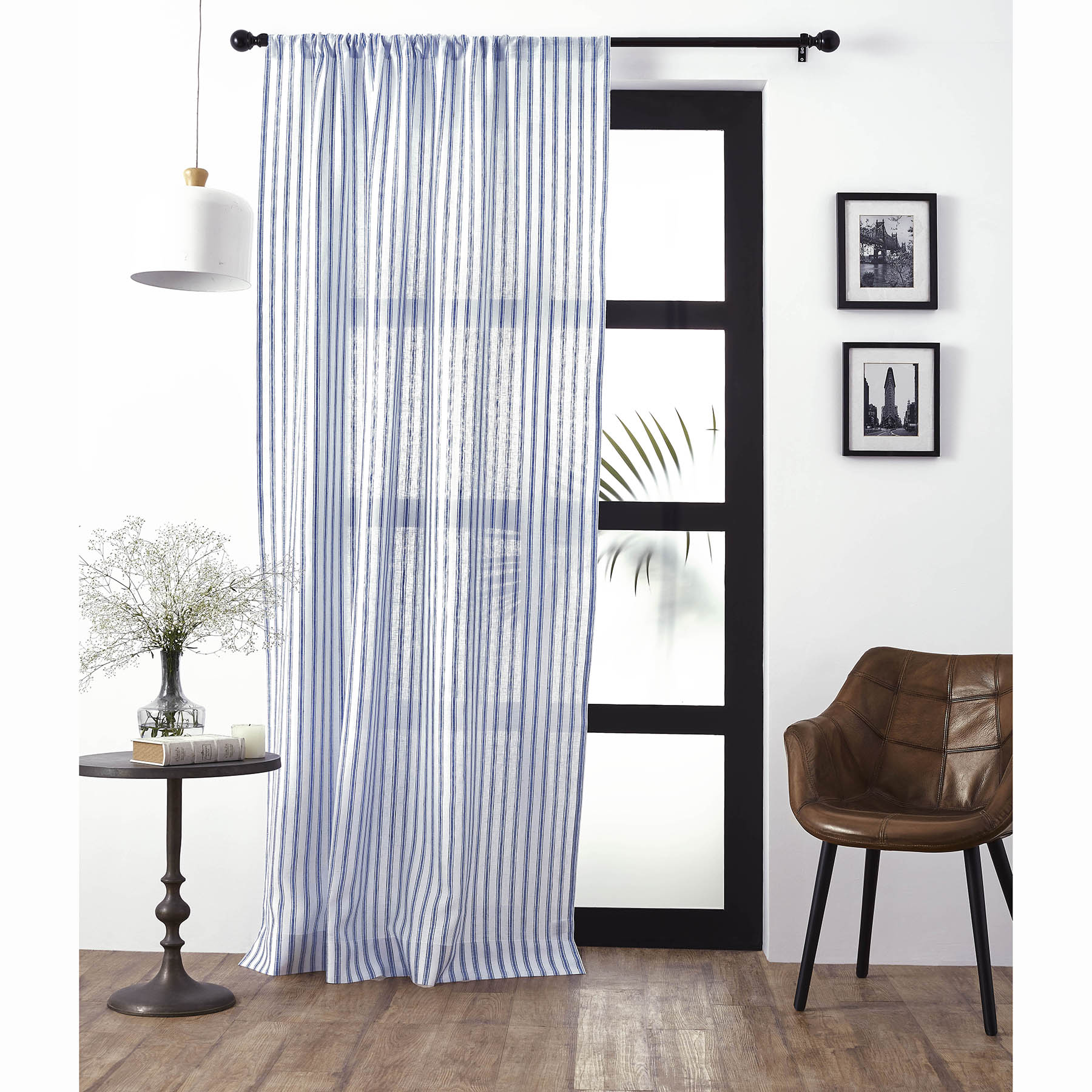 Blue and white striped curtain online